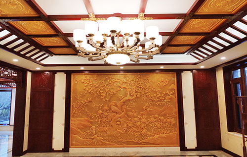 博白中式别墅客厅中式木作横梁吊顶装饰展示